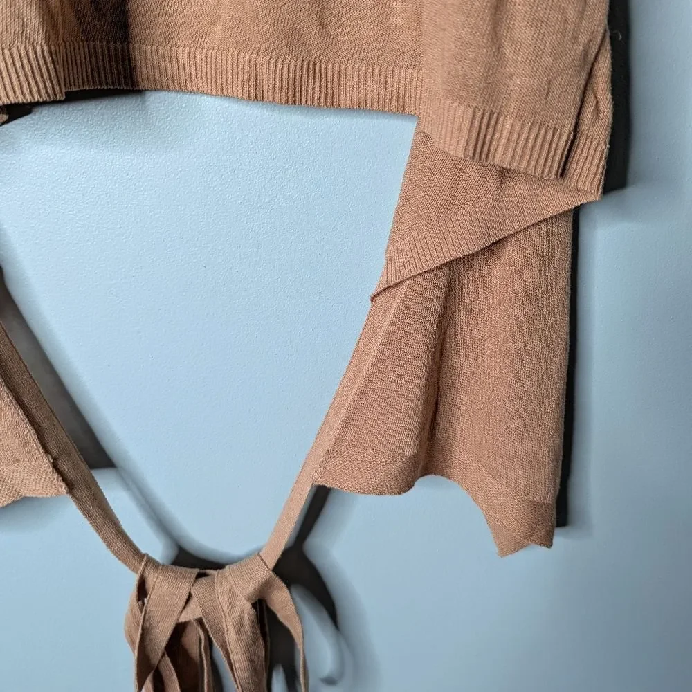 ZARA Tan Linen Blend Boxy Short Sleeve Bandage Wrap Crop Short Sleeve T Shirt S